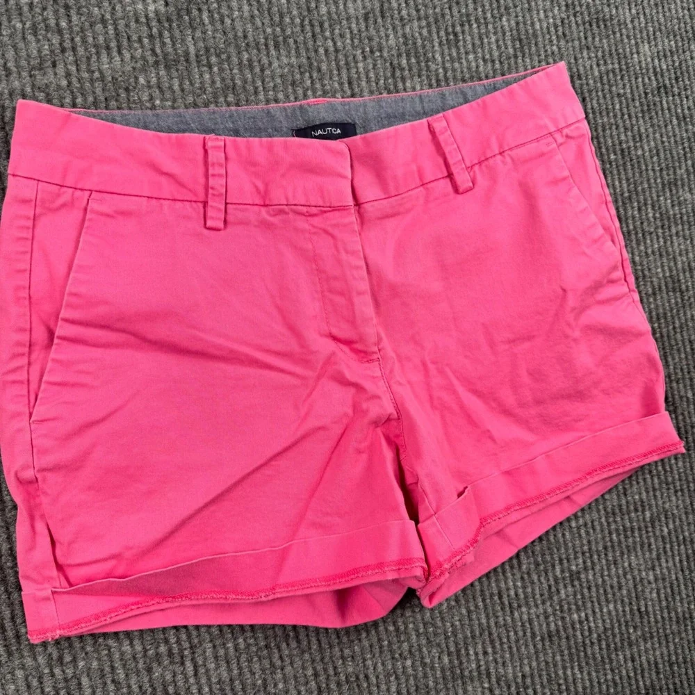 Nautica Womens Hot Pink Stretch Cotton Chino Shorts Size 6 Cuffed Mid Rise Twill